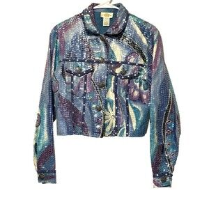Vtg Sandy Starkman Medium Lined Denim Jacket Blue Purple Sequins Bling Colorful